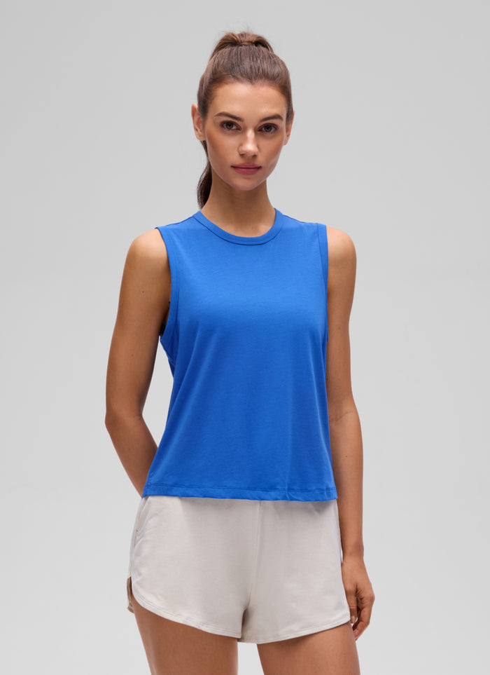 CRZ YOGA Women's Yoga Loose Fit Top Pima Cotton Crop Tank High Neck Strong Blue