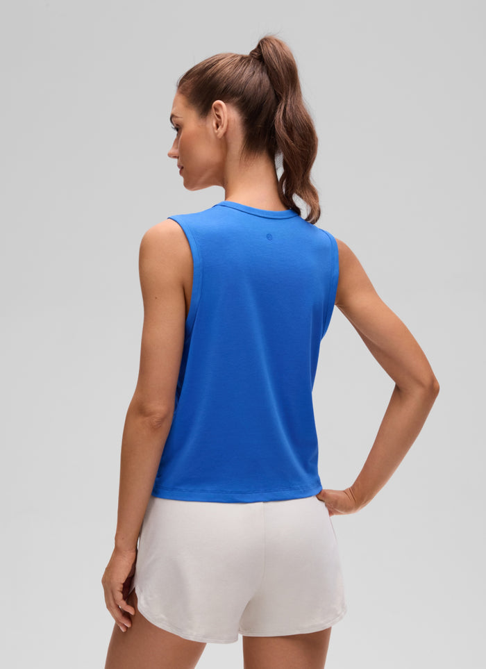 CRZ YOGA Women's Yoga Loose Fit Top Pima Cotton Crop Tank High Neck Strong Blue