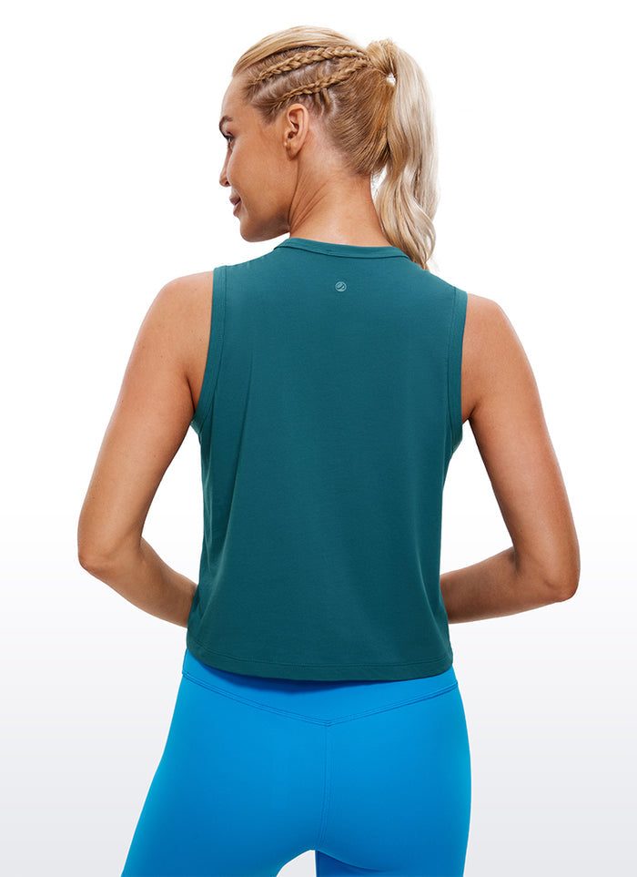 CRZ YOGA Women's Yoga Loose Fit Top Pima Cotton Crop Tank High Neck Borealis Green