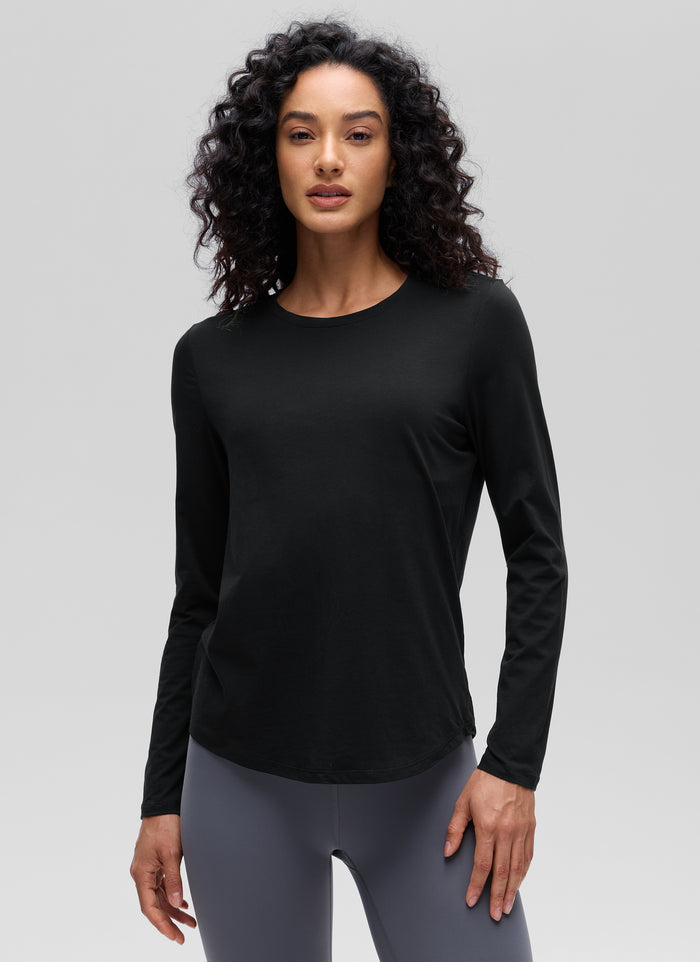 CRZ YOGA Women's Yoga Classic Fit Tops Pima Cotton Workout Long Sleeve Black
