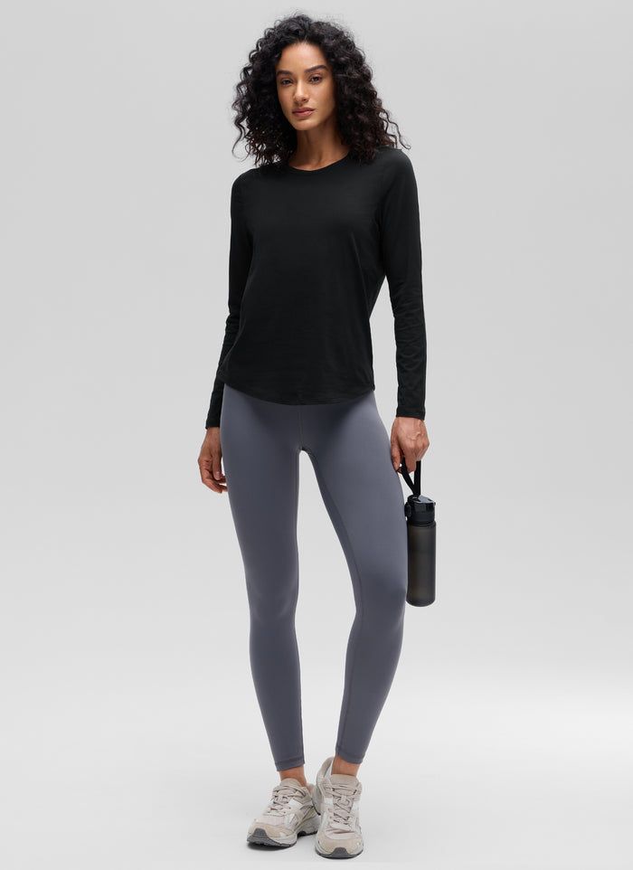 CRZ YOGA Women's Yoga Classic Fit Tops Pima Cotton Workout Long Sleeve Black