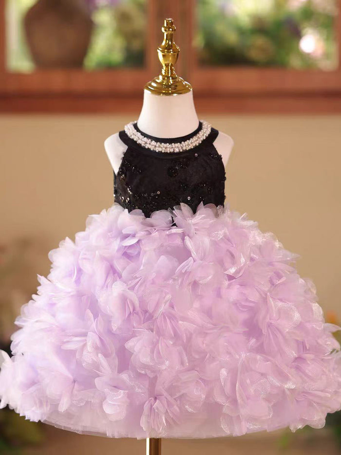 Pink Petal Sequin Flower Girl Dress for Wedding Party Photoshoot D108