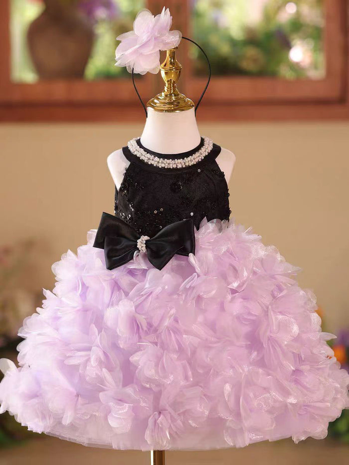 Pink Petal Sequin Flower Girl Dress for Wedding Party Photoshoot D108