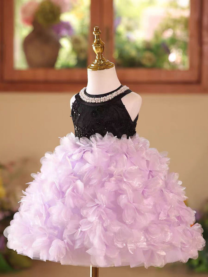 Pink Petal Sequin Flower Girl Dress for Wedding Party Photoshoot D108