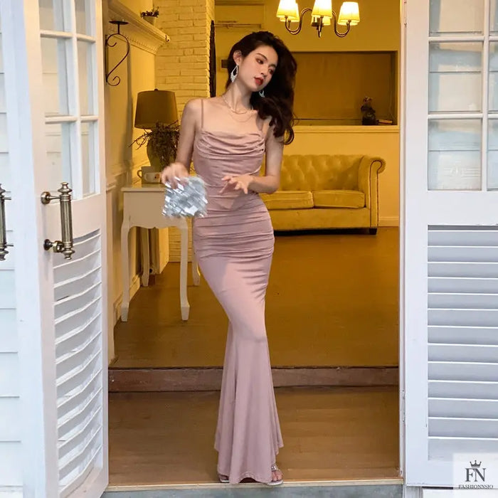 Pleated Fishtail Bodycon Long Dress - Fashionnsio
