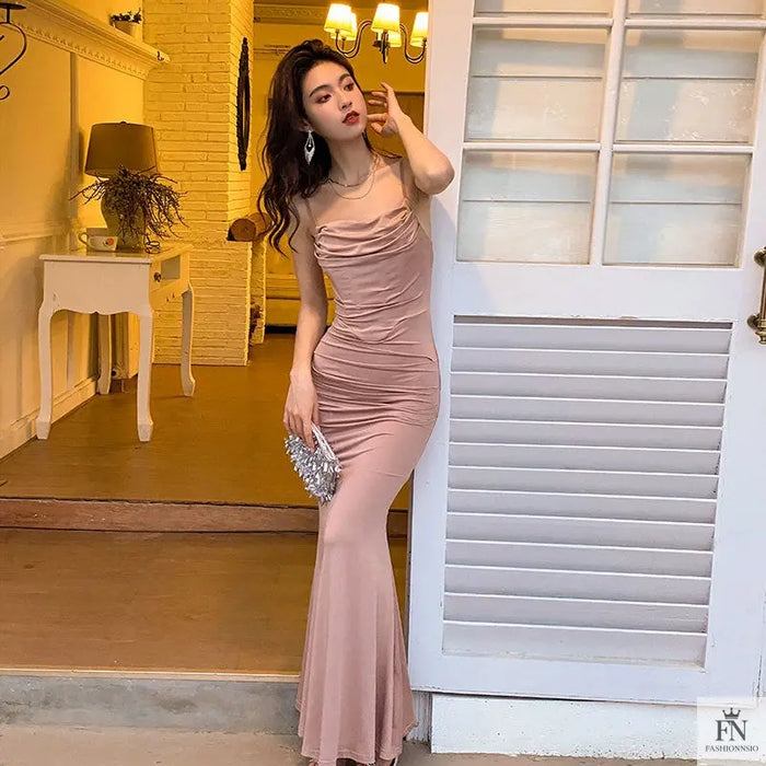 Pleated Fishtail Bodycon Long Dress - Fashionnsio