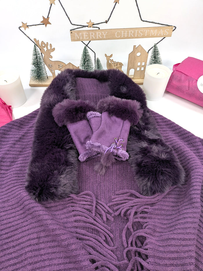 Plum Luxe Gift Set – Faux Fur Trim Wrap & Fingerless Gloves