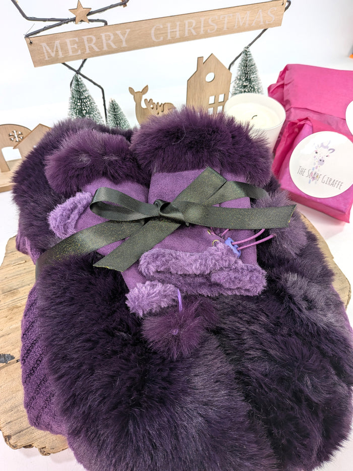Plum Luxe Gift Set – Faux Fur Trim Wrap & Fingerless Gloves