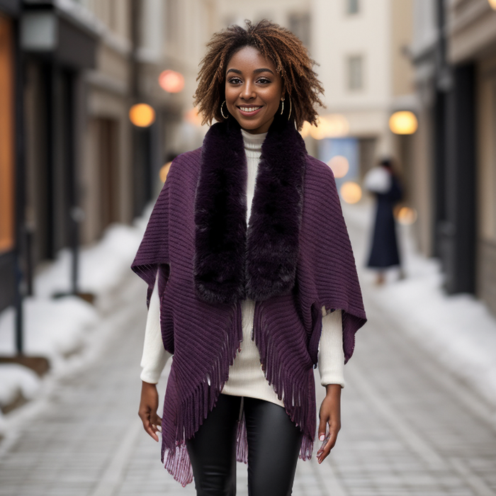 Plum Luxe Gift Set – Faux Fur Trim Wrap & Fingerless Gloves