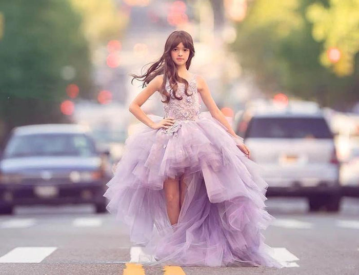 Purple A-line High Low Tulle Flower Girl Dresses, FG068