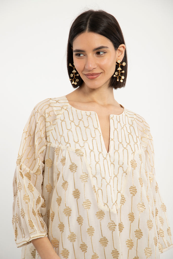 Rania Cotton Silk Gold & Ivory Dress