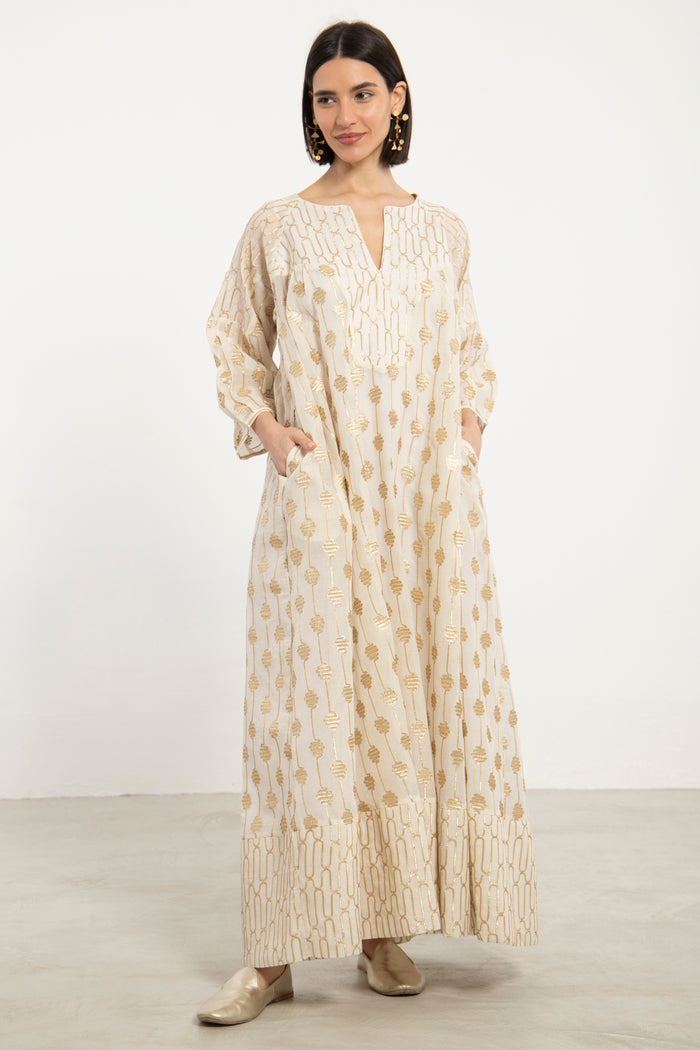 Rania Cotton Silk Gold & Ivory Dress