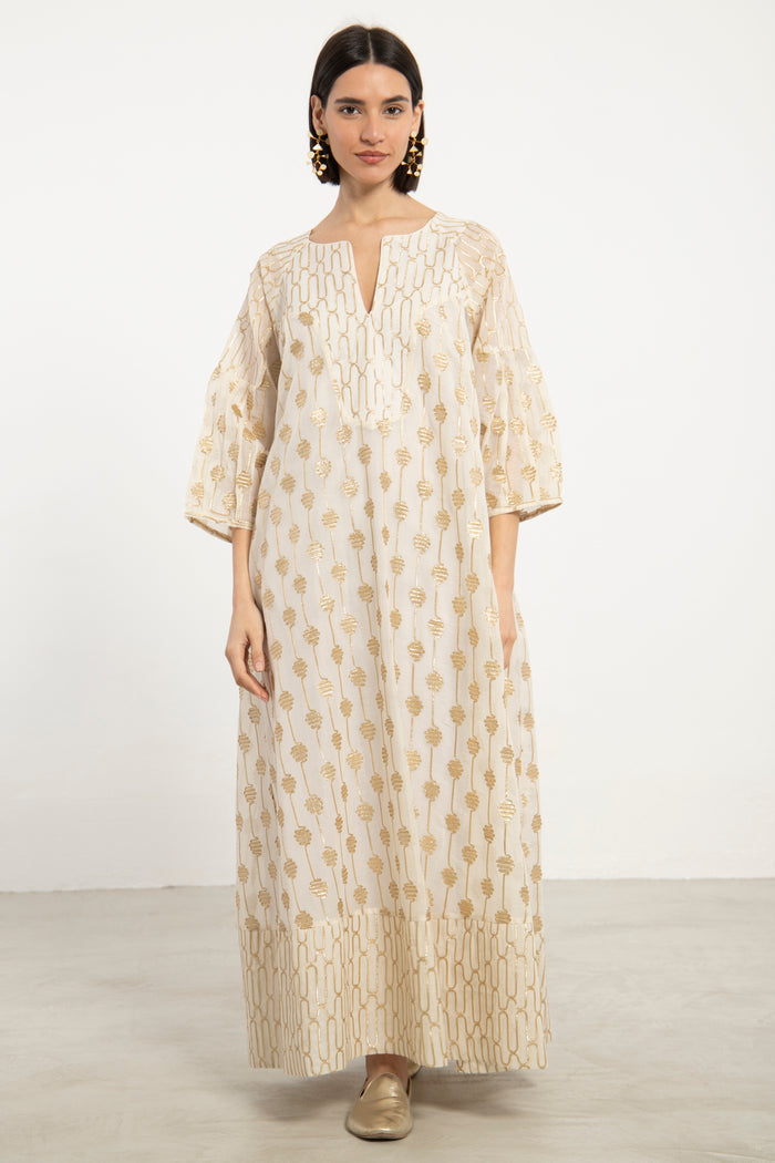 Rania Cotton Silk Gold & Ivory Dress