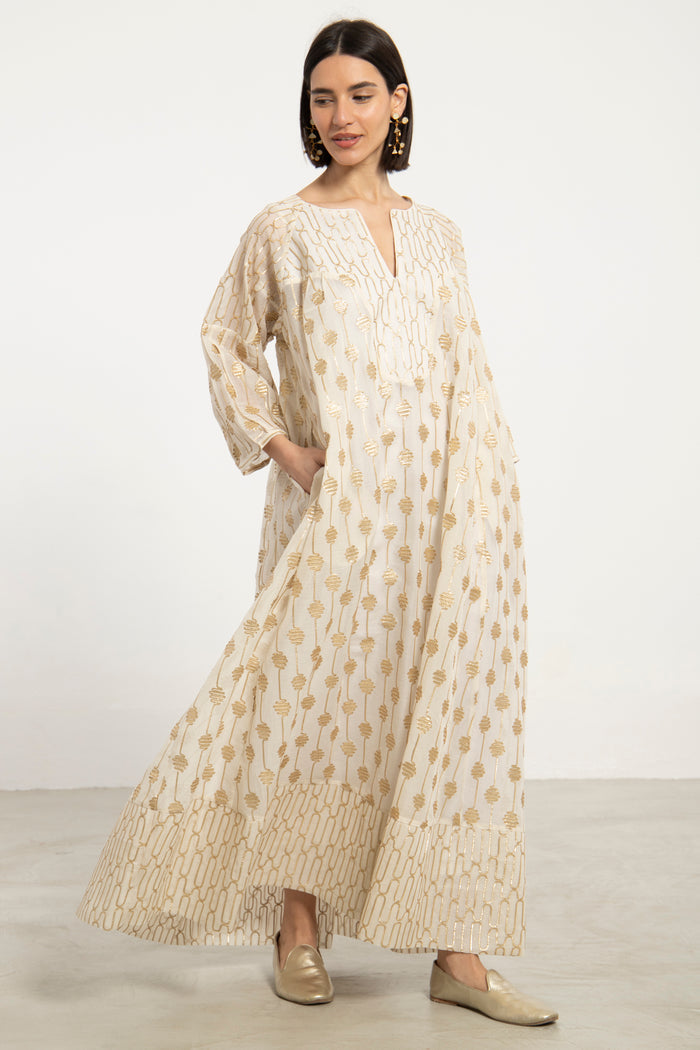 Rania Cotton Silk Gold & Ivory Dress