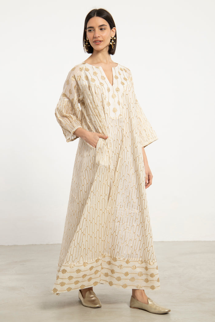 Rania Cotton Silk Ivory & Gold Dress