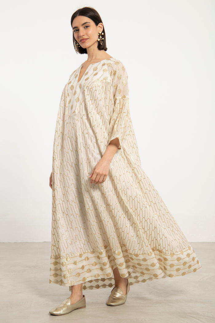 Rania Cotton Silk Ivory & Gold Dress