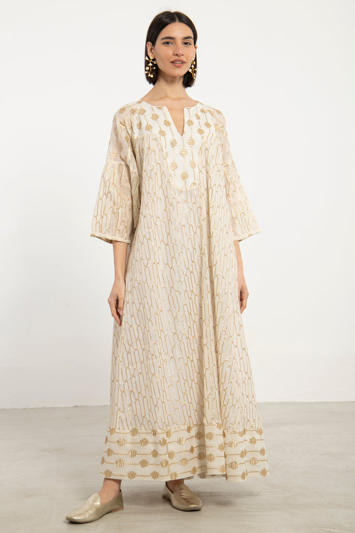 Rania Cotton Silk Ivory & Gold Dress