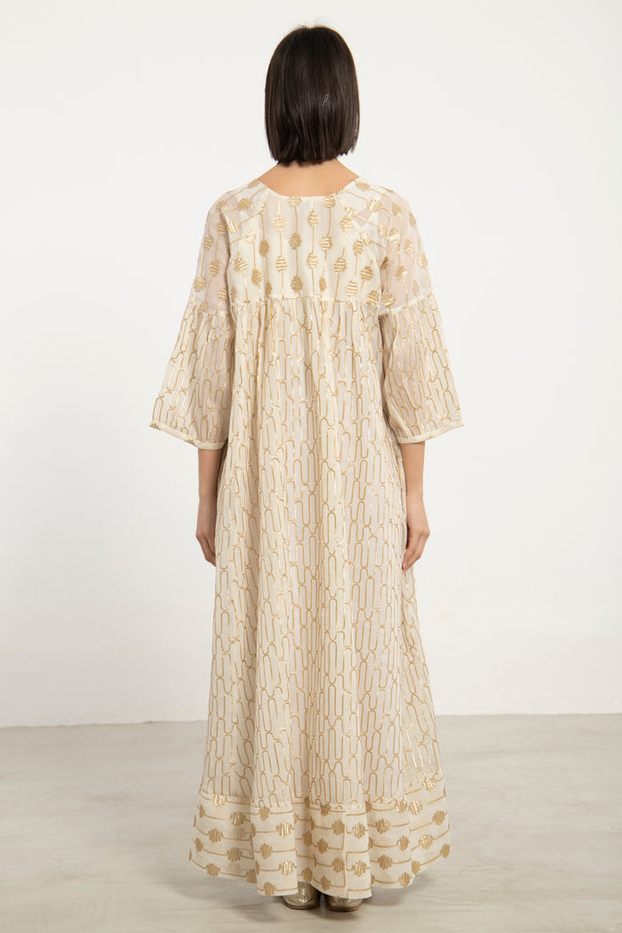 Rania Cotton Silk Ivory & Gold Dress