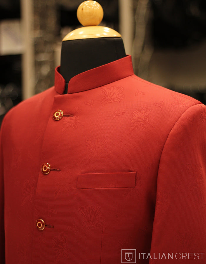 Red Jacquard Jodhpuri Suit