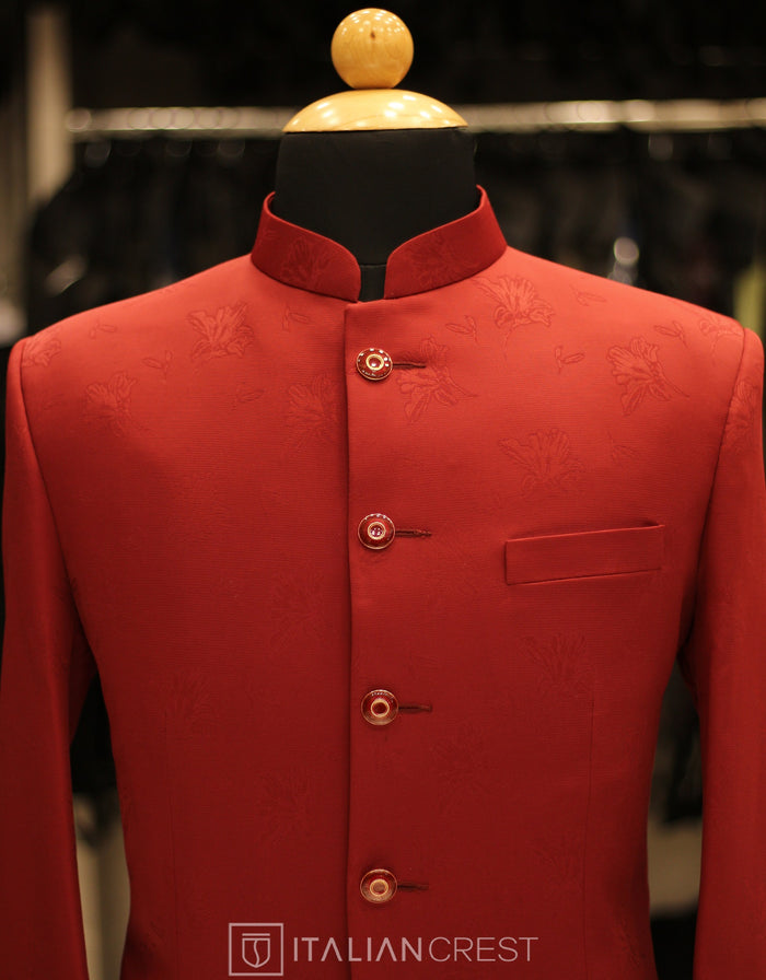 Red Jacquard Jodhpuri Suit