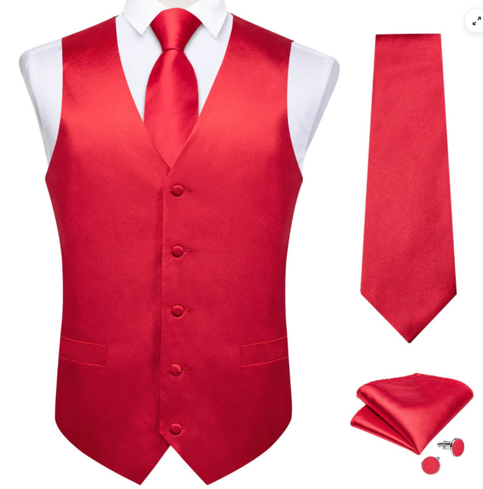 RED SOLID SATIN WAISTCOAT VEST TIE HANDKERCHIEF CUFFLINKS SET-MD-0321 - SimonVon Shop
