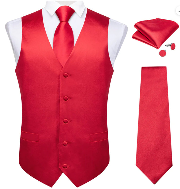 RED SOLID SATIN WAISTCOAT VEST TIE HANDKERCHIEF CUFFLINKS SET-MD-0321 - SimonVon Shop