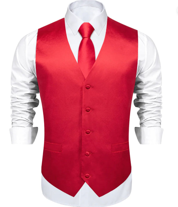 RED SOLID SATIN WAISTCOAT VEST TIE HANDKERCHIEF CUFFLINKS SET-MD-0321 - SimonVon Shop