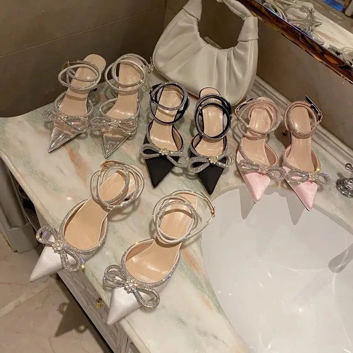 Rhinestone Bow Knot Strap Heels fashionnsio