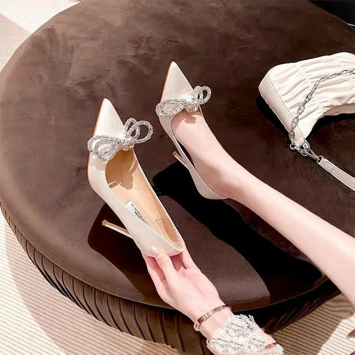 Rhinestone Bow Knot Pump Pointed Heels fashionnsio
