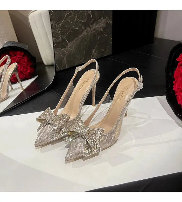Sequin Rhinestone Bow Pointed Heels fashionnsio