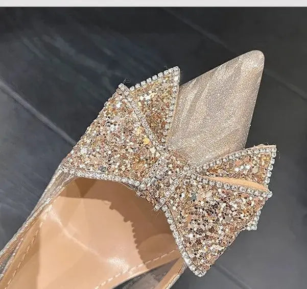 Sequin Rhinestone Bow Pointed Heels fashionnsio