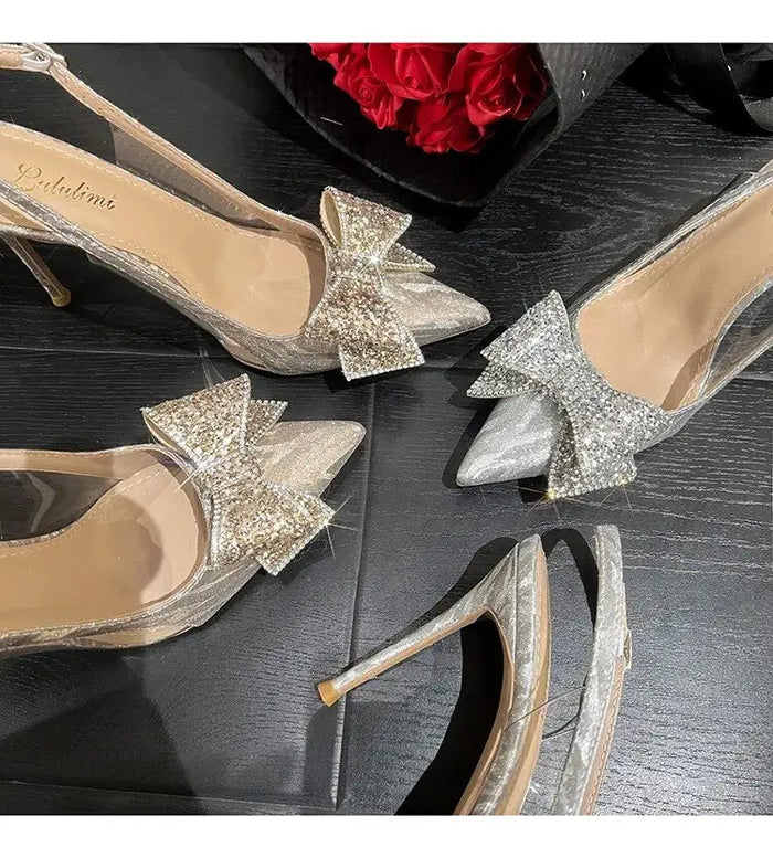Sequin Rhinestone Bow Pointed Heels fashionnsio