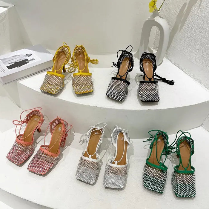 Fishnet Rhinestone Lace up Heels fashionnsio