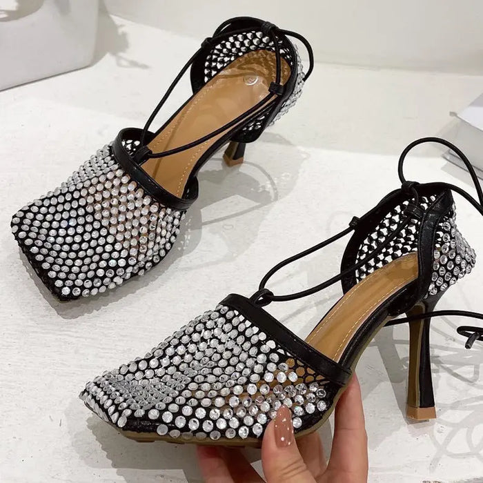 Fishnet Rhinestone Lace up Heels fashionnsio