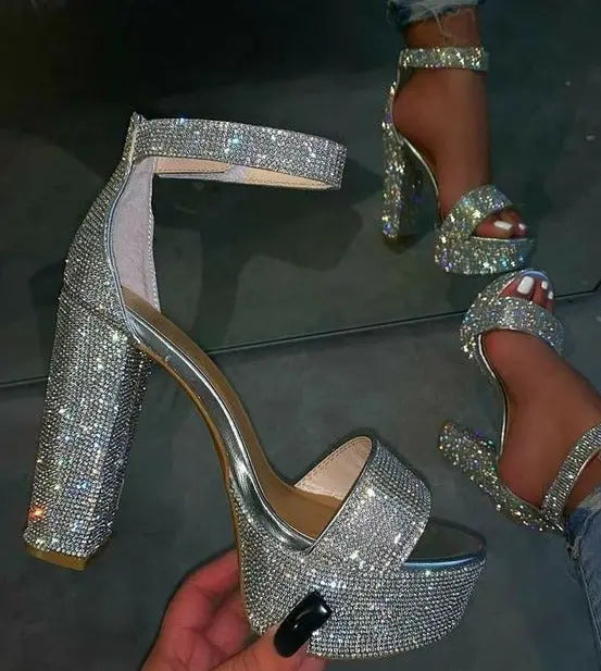 Rhinestone Sequin Chunky High Heel fashionnsio