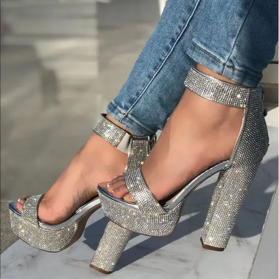 Rhinestone Sequin Chunky High Heel fashionnsio