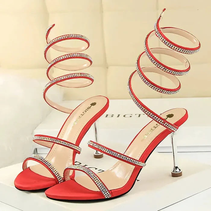 Snake Winding Rhinestone Strap Heels fashionnsio