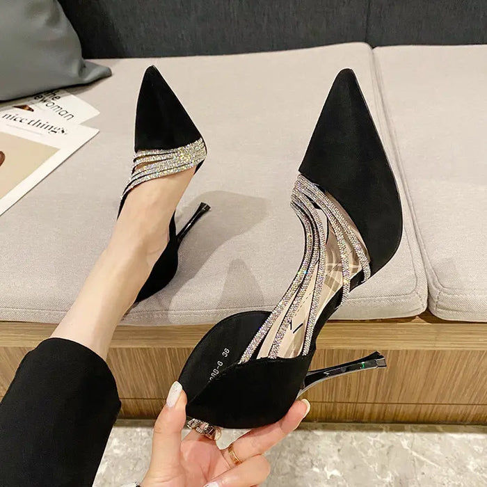 Rhinestone Wave Pointed Heels fashionnsio