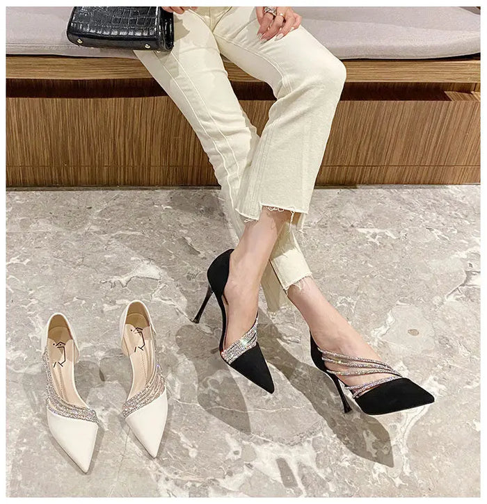 Rhinestone Wave Pointed Heels fashionnsio