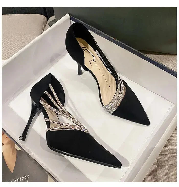 Rhinestone Wave Pointed Heels fashionnsio