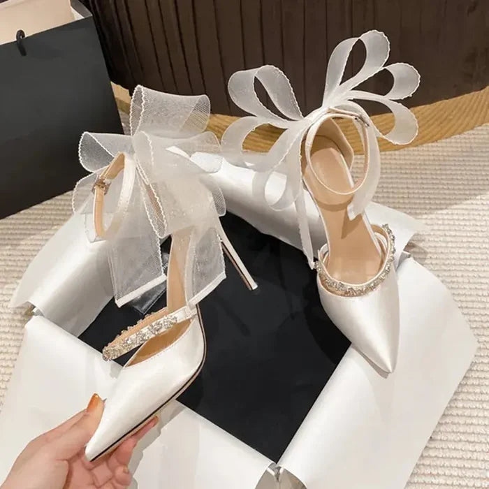 Mesh Big Bow Crystal Satin Heels fashionnsio
