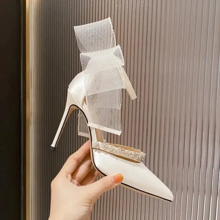 Mesh Big Bow Crystal Satin Heels fashionnsio