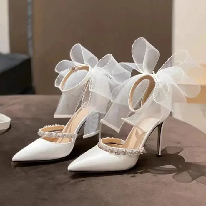 Mesh Big Bow Crystal Satin Heels fashionnsio