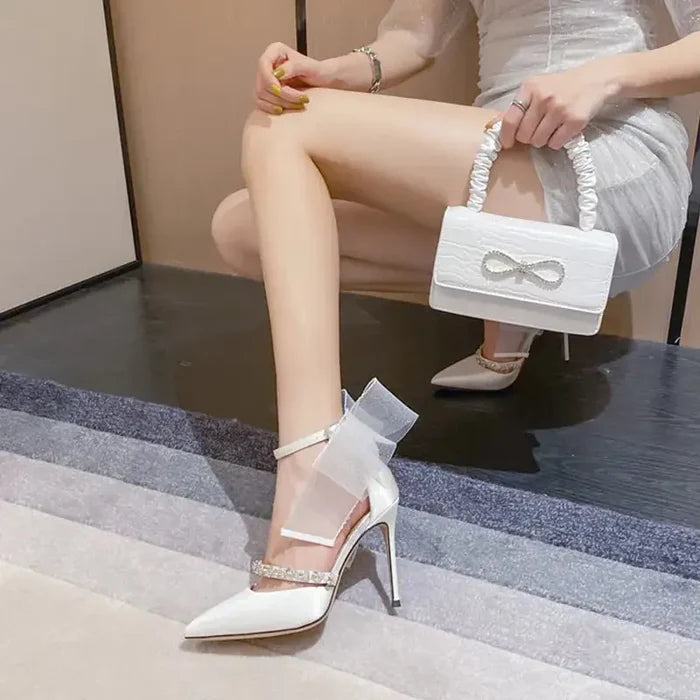 Mesh Big Bow Crystal Satin Heels fashionnsio