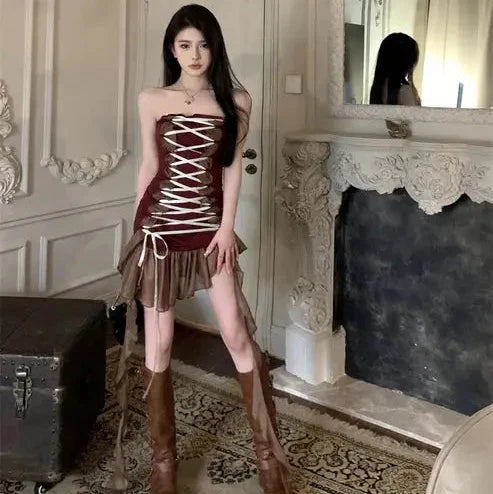 Lace Up Corset Ruffle Dress fashionnsio