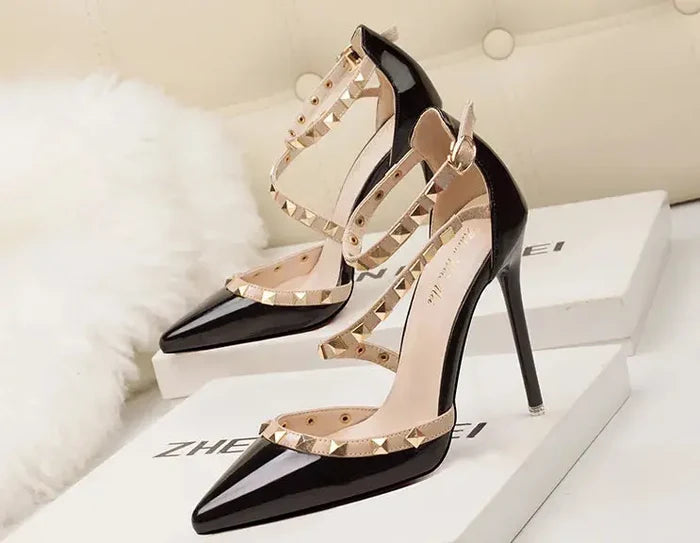Rivet Sexy Straps Pointed High Heels fashionnsio