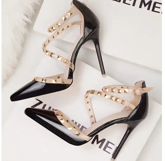Rivet Sexy Straps Pointed High Heels fashionnsio