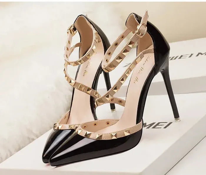 Rivet Sexy Straps Pointed High Heels fashionnsio