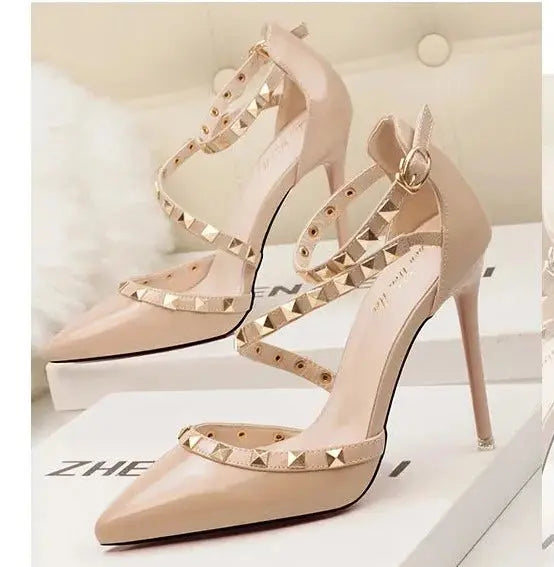 Rivet Sexy Straps Pointed High Heels fashionnsio
