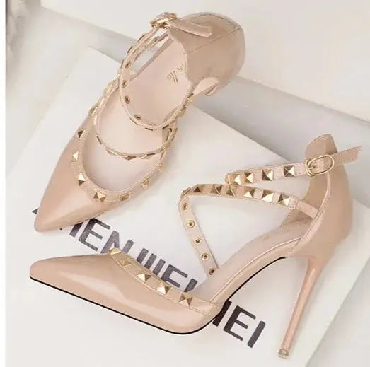 Rivet Sexy Straps Pointed High Heels fashionnsio
